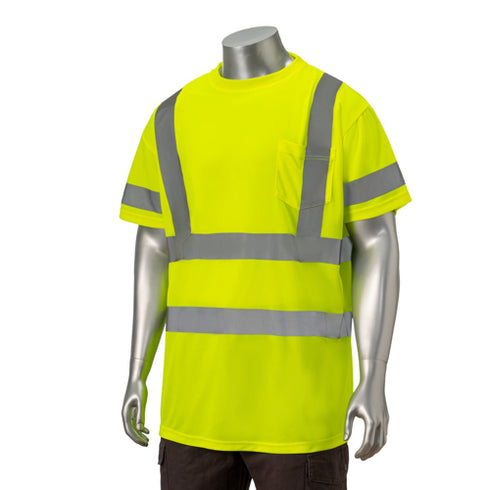 Class 3 Polyester Double Band Reflective Tape Safety T-Shirt W/ Pocket | Safety yellow